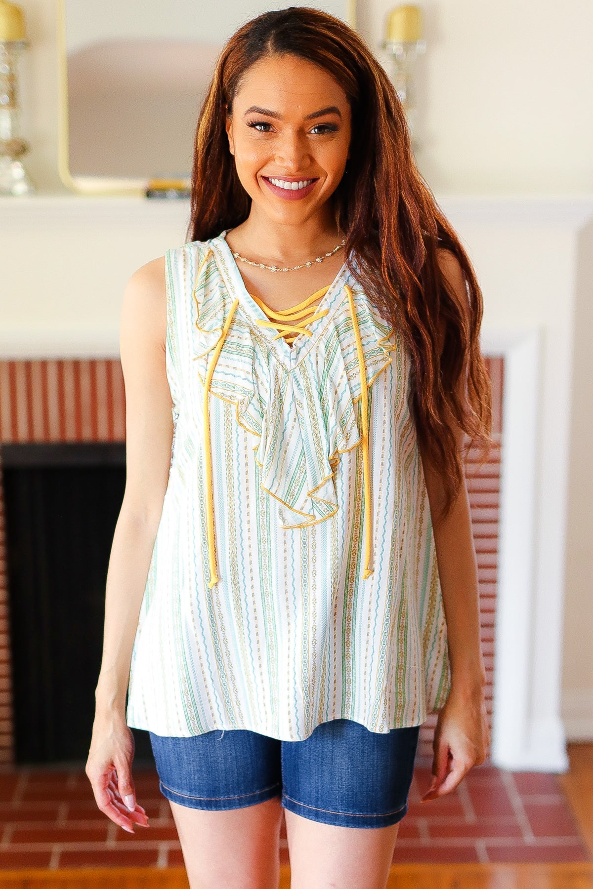 Mint Boho Vertical Stripe Laced Ruffle V Neck Top *online exclusive