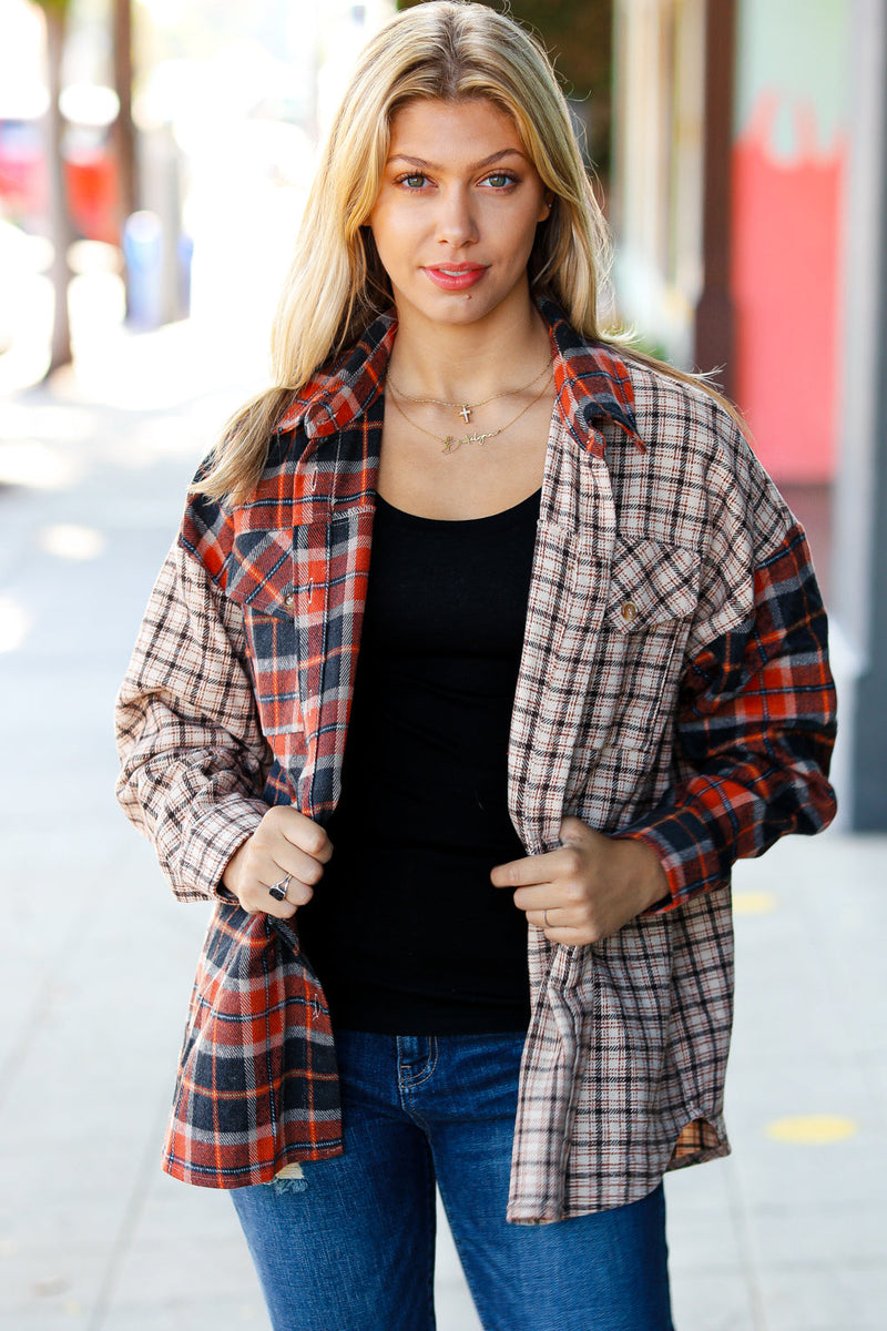 Calling On You Rust & Taupe Plaid Color Block Shacket *online exclusive-[option4]-[option5]-Cute-Trendy-Shop-Womens-Boutique-Clothing-Store