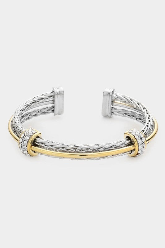 Head Turning Two tone Rhinestone Cuff Bracelet-Cute-Trendy-Shop-Womens-Boutique-Clothing-Store