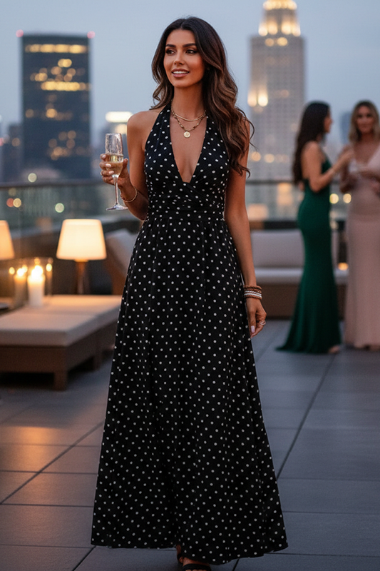 Stunning As Ever Polka Dot Halter Maxi-Black-SMALL-Cute-Trendy-Shop-Womens-Boutique-Clothing-Store