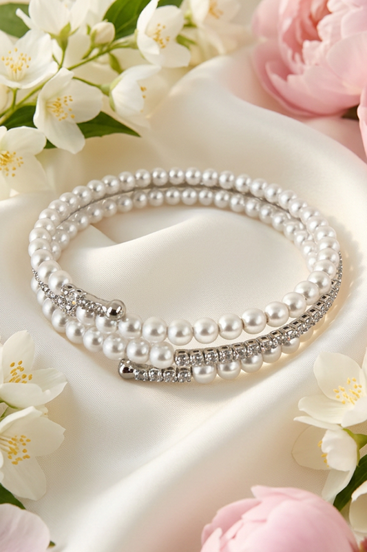 Romantic Glamour CZ and Pearl Wrap Bracelet-Silver-Cute-Trendy-Shop-Womens-Boutique-Clothing-Store