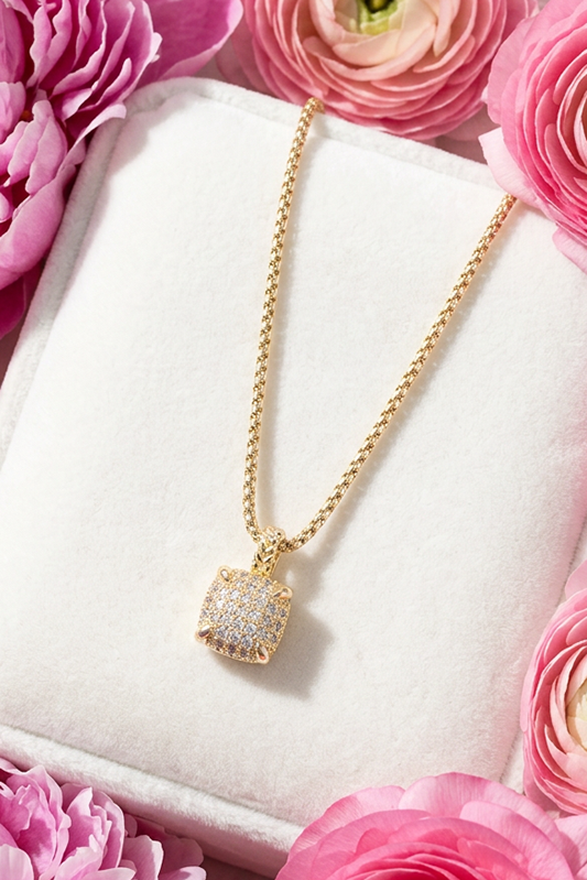 Stunning Elegance Square Pave Pendant Necklace-Cute-Trendy-Shop-Womens-Boutique-Clothing-Store