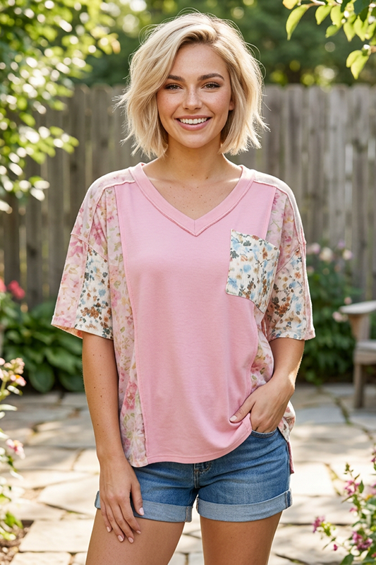 Pretty in Pink Floral V Neck Top-Cute-Trendy-Shop-Womens-Boutique-Clothing-Store