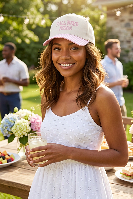 "Y'all Need Jesus" Stripe Baseball Cap-Pink-Cute-Trendy-Shop-Womens-Boutique-Clothing-Store