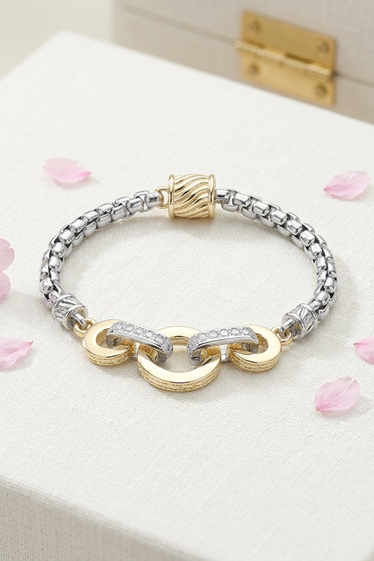 "Perfect Circle" Two-Tone Triple Ring CZ Pave Link Bracelet-Cute-Trendy-Shop-Womens-Boutique-Clothing-Store
