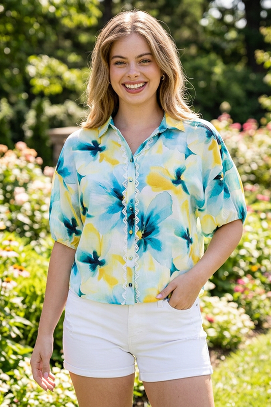 Painted Petals Button-Down Top-Turquoise-SMALL-Cute-Trendy-Shop-Womens-Boutique-Clothing-Store