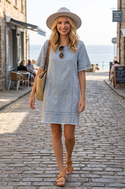 Casual Cool Frayed-Hem Denim Shift Dress-Cute-Trendy-Shop-Womens-Boutique-Clothing-Store