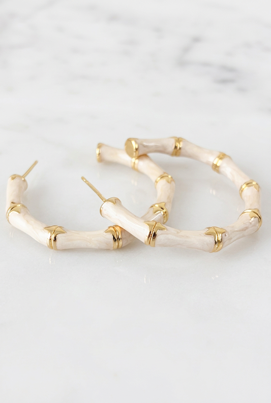 Bamboo Enamel Half Hoop Earrings-White-Cute-Trendy-Shop-Womens-Boutique-Clothing-Store