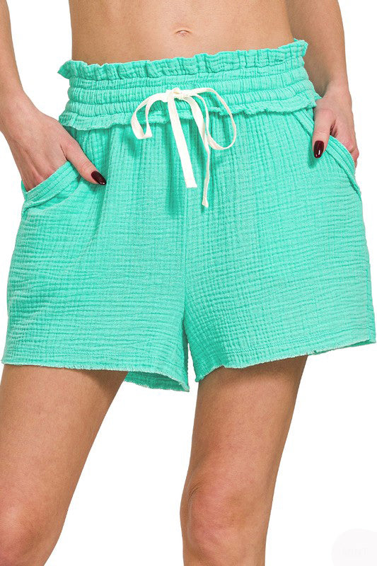 Like A Cup Of Coffee Gauze Shorts-Mint-SMALL-[option4]-[option5]-Cute-Trendy-Shop-Womens-Boutique-Clothing-Store