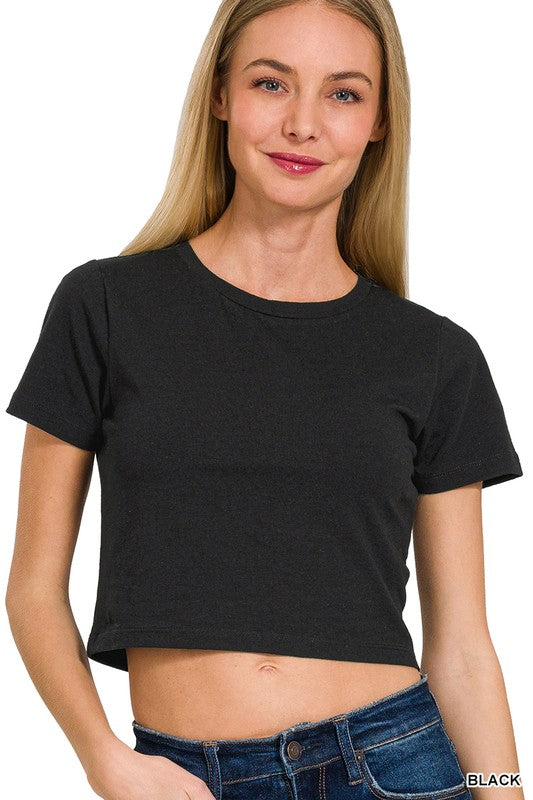 Just Add Fun Crop Tee Shirt Top-Black-SMALL-Cute-Trendy-Shop-Womens-Boutique-Clothing-Store