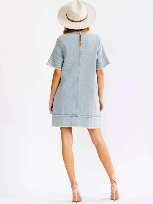 Casual Cool Frayed-Hem Denim Shift Dress-Cute-Trendy-Shop-Womens-Boutique-Clothing-Store