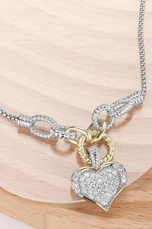 Two Tone Cz Stone Paved Heart Necklace-Cute-Trendy-Shop-Womens-Boutique-Clothing-Store