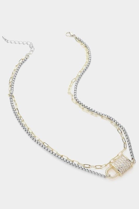First In Line Two Tone Lock Necklace-[option4]-[option5]-Cute-Trendy-Shop-Womens-Boutique-Clothing-Store