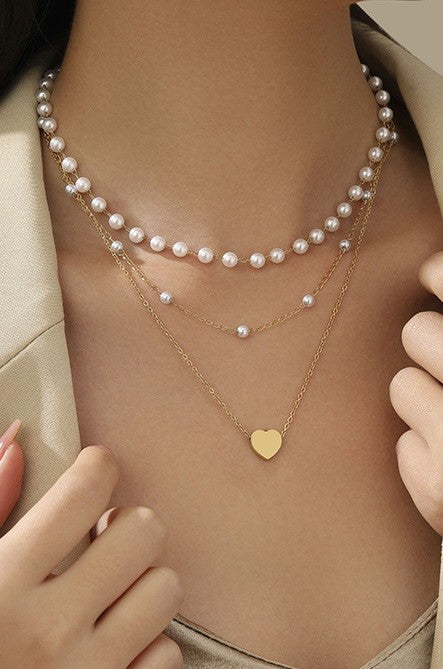 For Days Gone By Layered Pearl & Heart Necklace-Cute-Trendy-Shop-Womens-Boutique-Clothing-Store