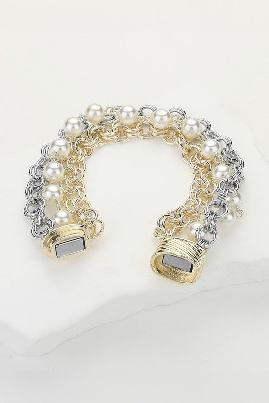 "Pearl & Cable" Layered Chunky Industrial Bracelet-Cute-Trendy-Shop-Womens-Boutique-Clothing-Store