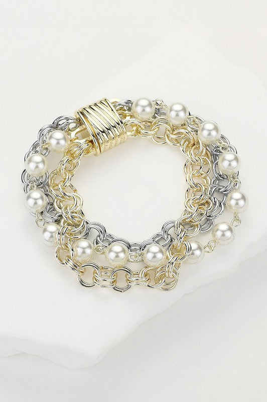 "Pearl & Cable" Layered Chunky Industrial Bracelet-Cute-Trendy-Shop-Womens-Boutique-Clothing-Store