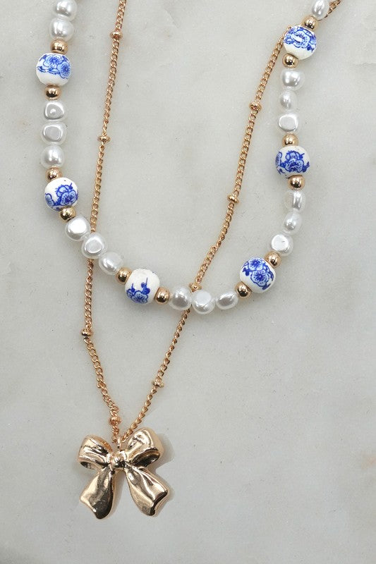 Mix It Up Blue Ceramic, Pearl & Bow Necklace-[option4]-[option5]-Cute-Trendy-Shop-Womens-Boutique-Clothing-Store