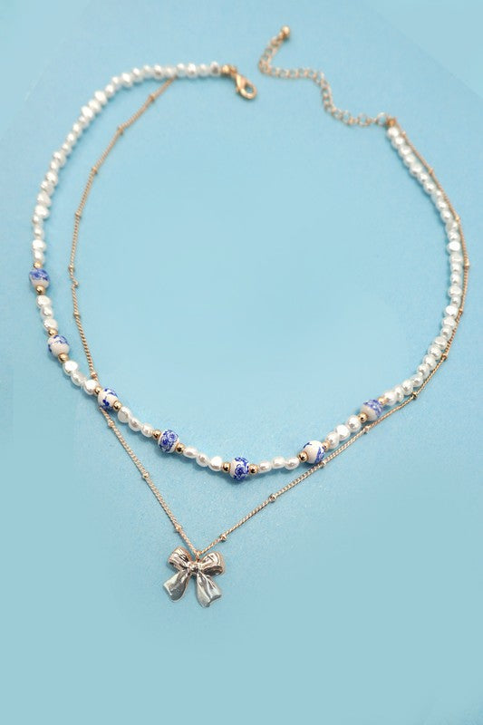 Mix It Up Blue Ceramic, Pearl & Bow Necklace-[option4]-[option5]-Cute-Trendy-Shop-Womens-Boutique-Clothing-Store