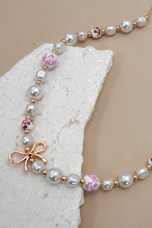 Precious in Pink Ceramic, Pearl & Bow Necklace (one Strand)-[option4]-[option5]-Cute-Trendy-Shop-Womens-Boutique-Clothing-Store