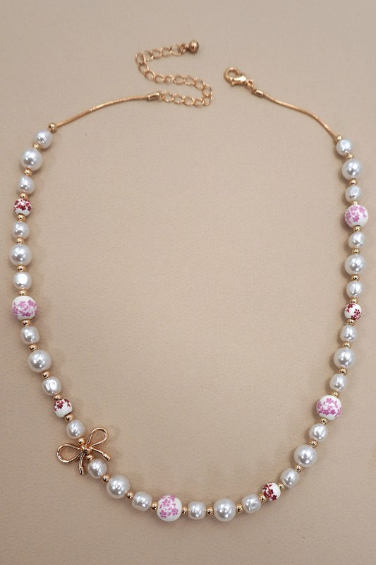 Precious in Pink Ceramic, Pearl & Bow Necklace (one Strand)-[option4]-[option5]-Cute-Trendy-Shop-Womens-Boutique-Clothing-Store