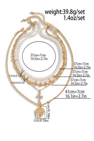 Heavenly Rhinestone Cross & Heart Multilayer Pearl Necklace