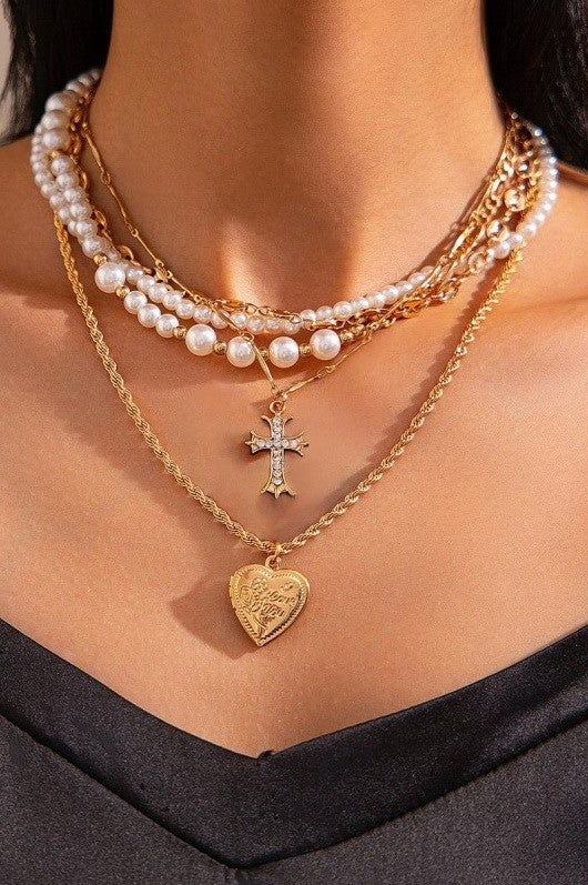 Heavenly Rhinestone Cross & Heart Multilayer Pearl Necklace-Cute-Trendy-Shop-Womens-Boutique-Clothing-Store