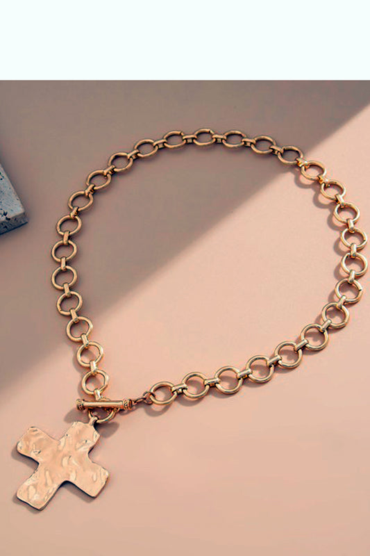 Time For Family Hammered Cross Necklace-Gold-Cute-Trendy-Shop-Womens-Boutique-Clothing-Store