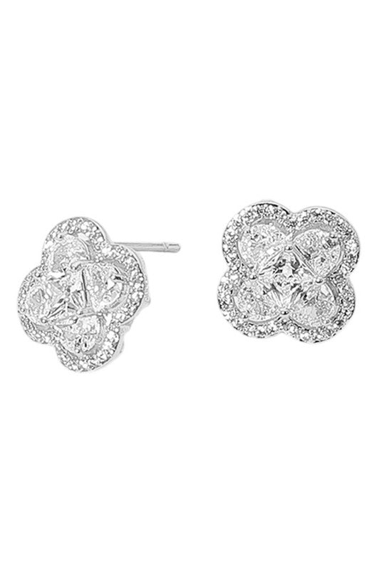 Take Your Pick Quatefoil Earrings Silver/Clear-[option4]-[option5]-Cute-Trendy-Shop-Womens-Boutique-Clothing-Store