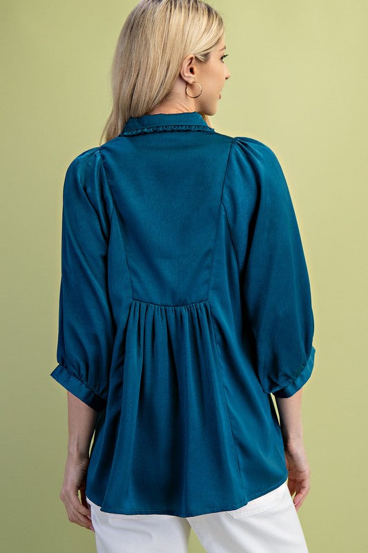 Ready For Rain Teal Puff Sleeve Top-[option4]-[option5]-Cute-Trendy-Shop-Womens-Boutique-Clothing-Store