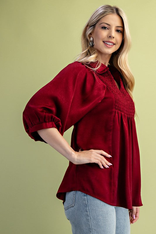 Ready For Rain Burgundy Puff Sleeve Top-[option4]-[option5]-Cute-Trendy-Shop-Womens-Boutique-Clothing-Store