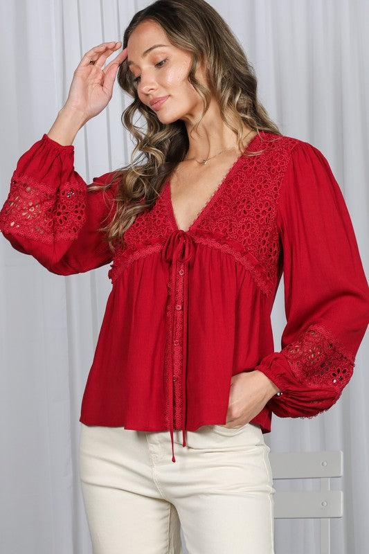 Enjoy This Time Burgundy Eyelet Top-[option4]-[option5]-Cute-Trendy-Shop-Womens-Boutique-Clothing-Store