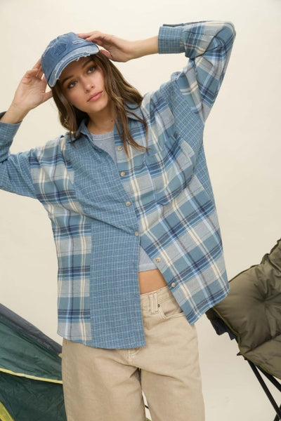It's A Winner Denim & Plaid Shirt Jacket-[option4]-[option5]-Cute-Trendy-Shop-Womens-Boutique-Clothing-Store