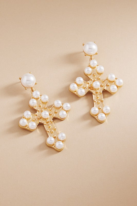 Climbing The Ladder Pearl Cross Earrings-[option4]-[option5]-Cute-Trendy-Shop-Womens-Boutique-Clothing-Store