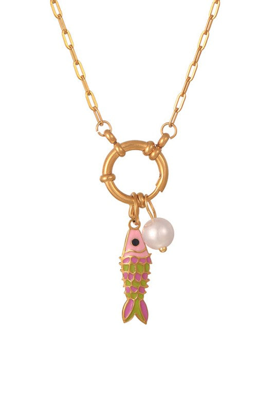 Under The Sea Fish & Pearl Necklace-Pink-Cute-Trendy-Shop-Womens-Boutique-Clothing-Store