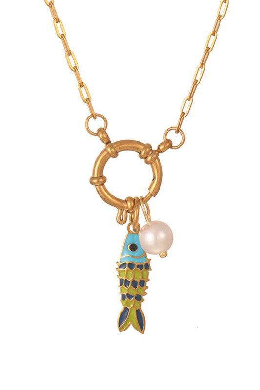 Under The Sea Fish & Pearl Necklace-Green-Cute-Trendy-Shop-Womens-Boutique-Clothing-Store