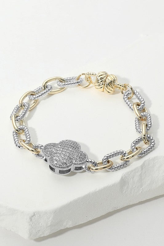 "Lucky in Style" Two-Tone CZ Pave Quatrefoil Chain Bracelet-Cute-Trendy-Shop-Womens-Boutique-Clothing-Store