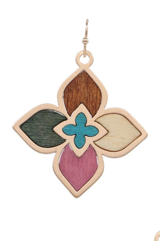 Colorful Wood and Metal Quatrafoil Earrings-[option4]-[option5]-Cute-Trendy-Shop-Womens-Boutique-Clothing-Store