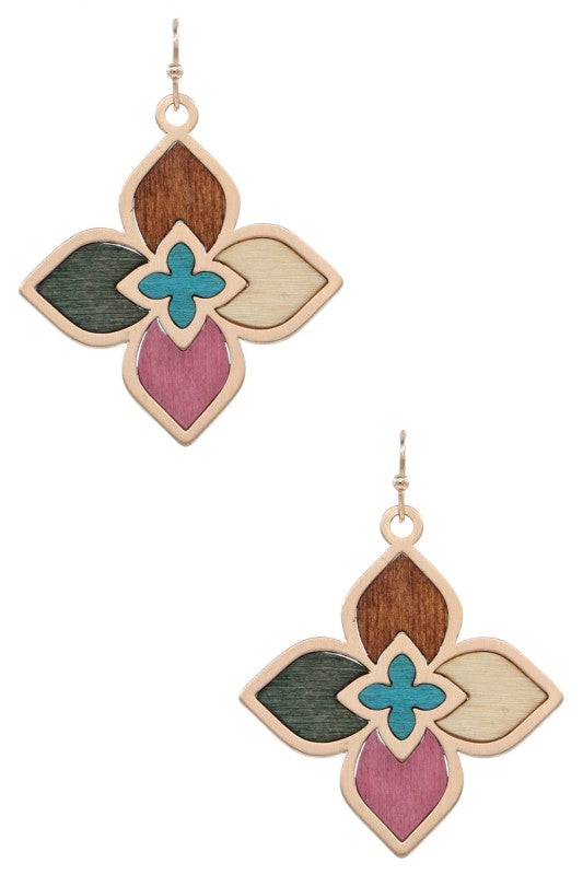 Colorful Wood and Metal Quatrafoil Earrings-[option4]-[option5]-Cute-Trendy-Shop-Womens-Boutique-Clothing-Store