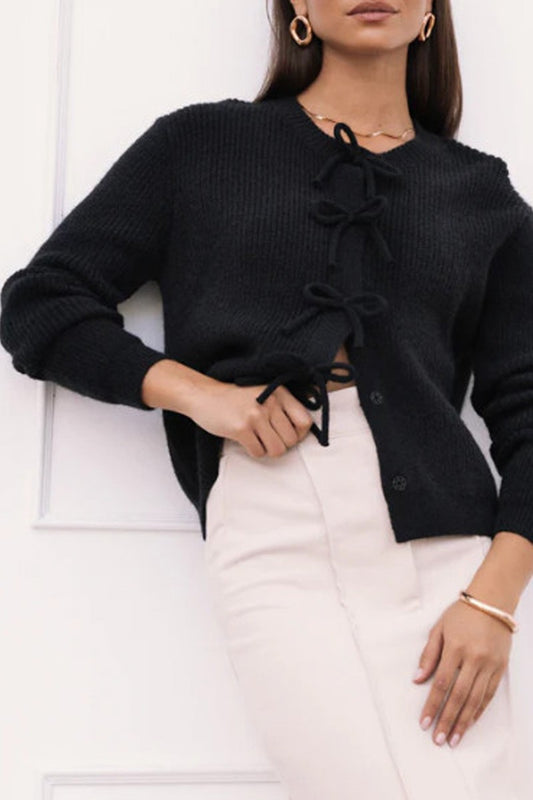 Sweet & Sophisticated Bow Snap Sweater Black-Cute-Trendy-Shop-Womens-Boutique-Clothing-Store