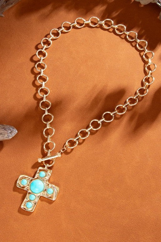 Time For Family Gold w/Turquoise Cross Necklace-[option4]-[option5]-Cute-Trendy-Shop-Womens-Boutique-Clothing-Store