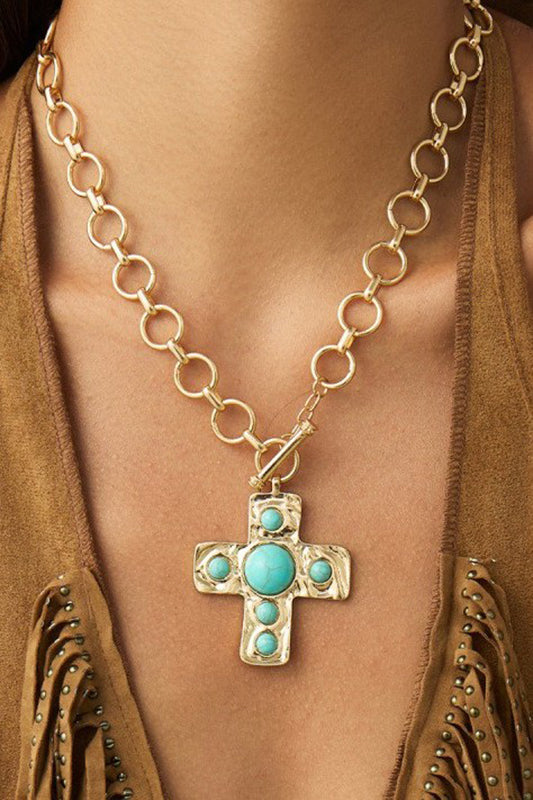 Time For Family Gold w/Turquoise Cross Necklace-[option4]-[option5]-Cute-Trendy-Shop-Womens-Boutique-Clothing-Store