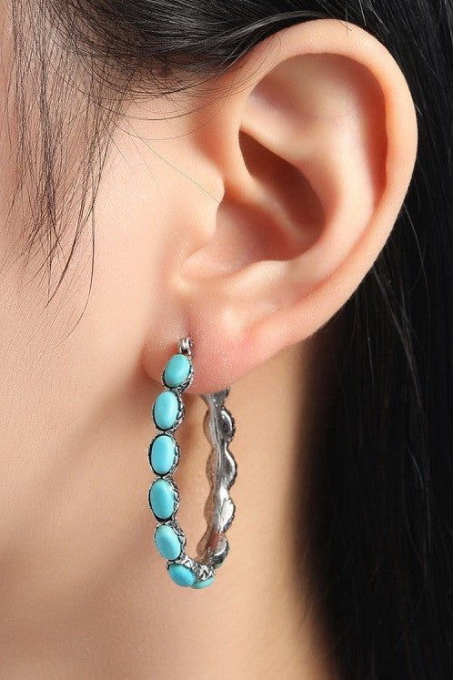 Canyon Ridge Antiqued Silver Oval Turquoise Hoops