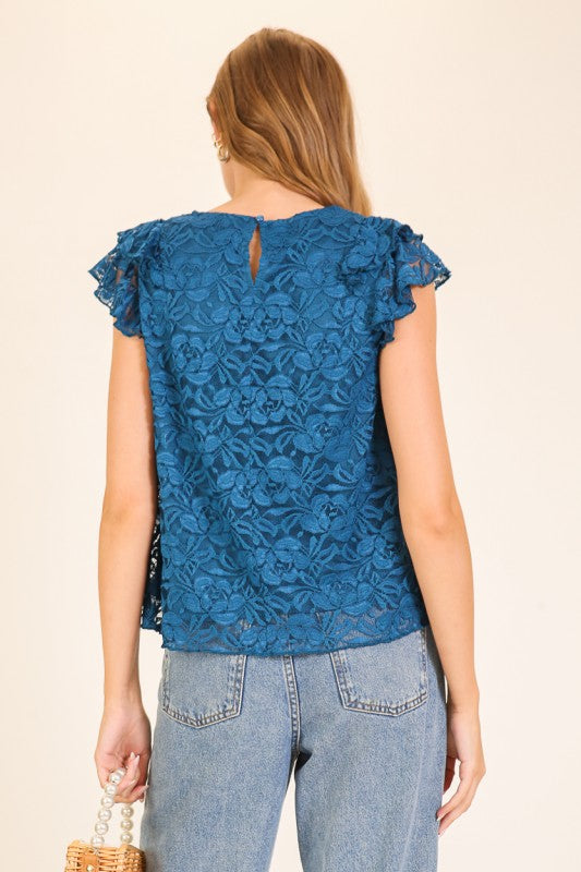 Sweet Romance Floral Lace Flutter Sleeve Top-Cute-Trendy-Shop-Womens-Boutique-Clothing-Store