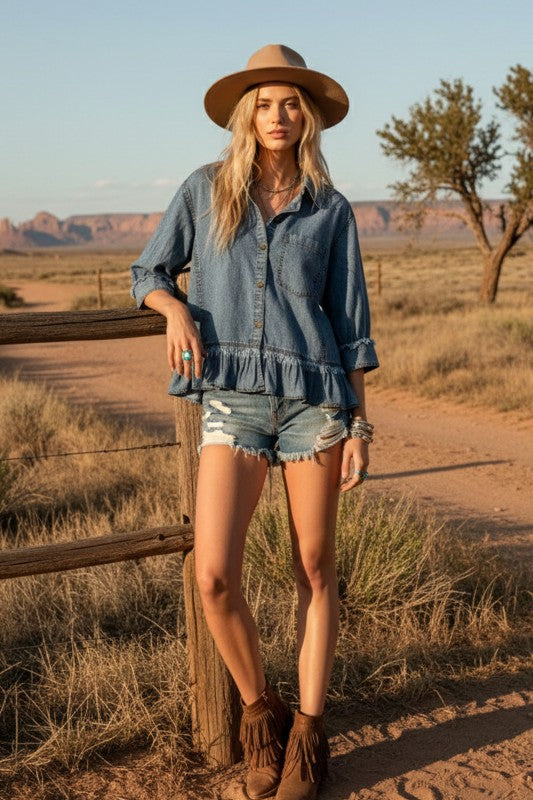 Heart Of Gold Denim Ruffle Blouse-[option4]-[option5]-Cute-Trendy-Shop-Womens-Boutique-Clothing-Store