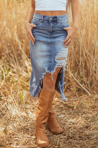 Barn Dance Ready Distressed Denim Skirt-[option4]-[option5]-Cute-Trendy-Shop-Womens-Boutique-Clothing-Store