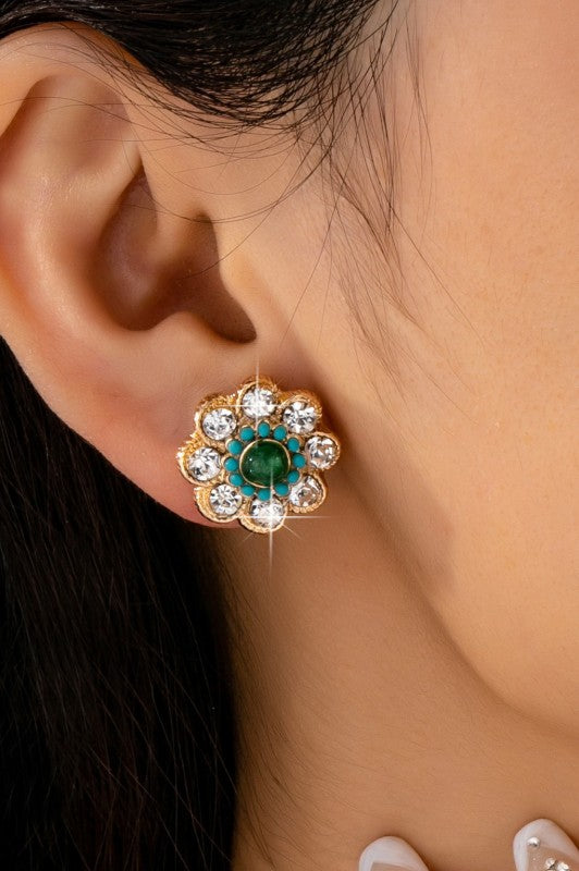Golden Sunburst Stone & Crystal Stud Earrings-Cute-Trendy-Shop-Womens-Boutique-Clothing-Store