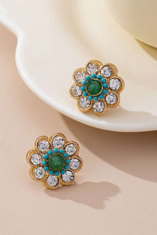 Golden Sunburst Stone & Crystal Stud Earrings