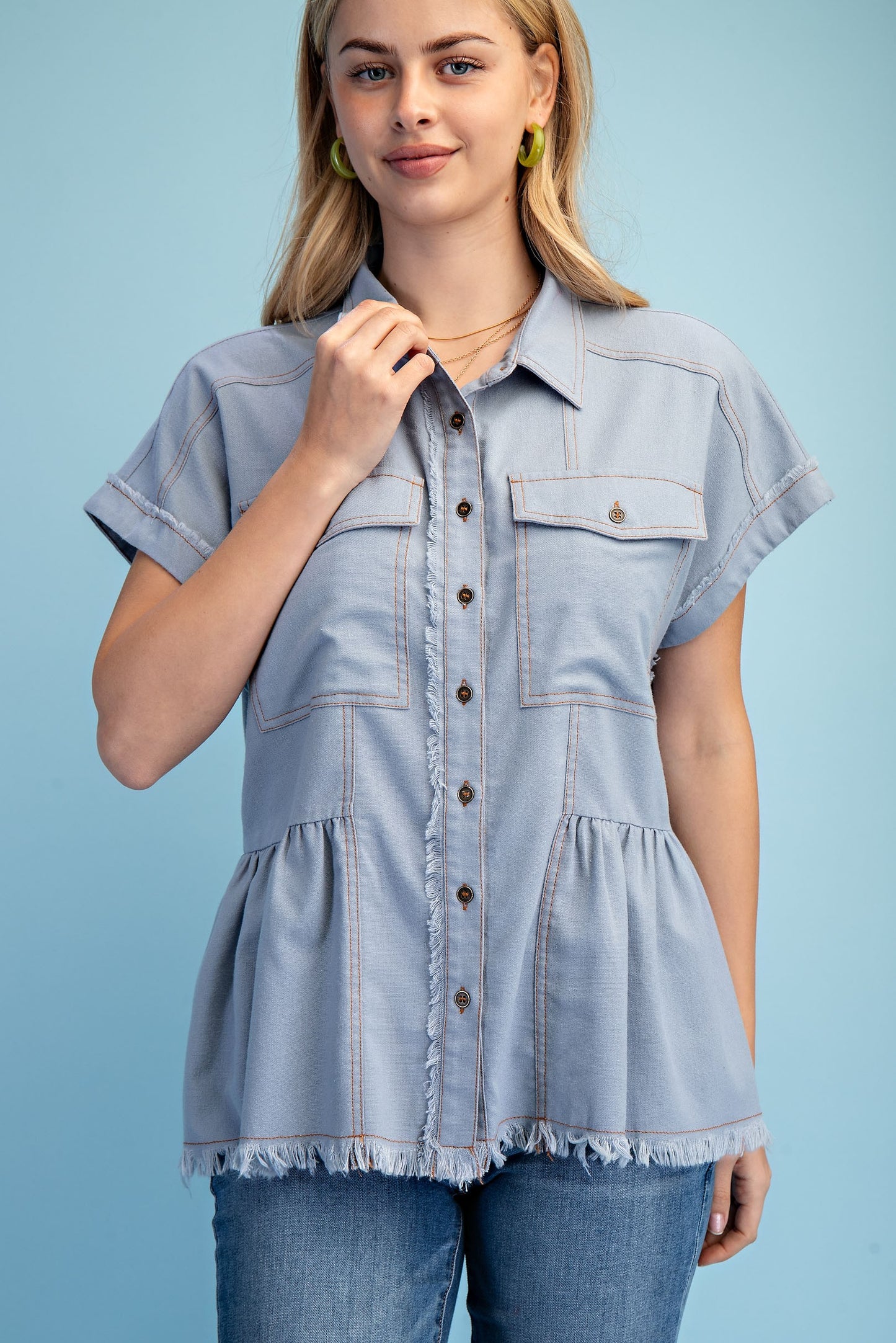 Peplum Perfection Top-SMALL-Light blue denim-[option4]-[option5]-Cute-Trendy-Shop-Womens-Boutique-Clothing-Store