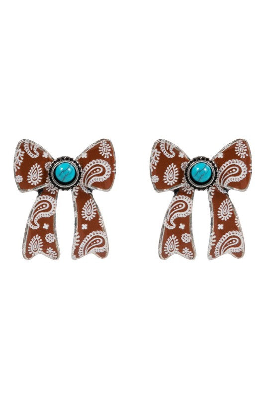 Rodeo Season Cute Bow Turquoise Earrings-Brown-Cute-Trendy-Shop-Womens-Boutique-Clothing-Store