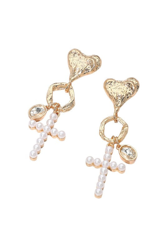 Stunning Cross and Pearl Drop Earrings-Cute-Trendy-Shop-Womens-Boutique-Clothing-Store